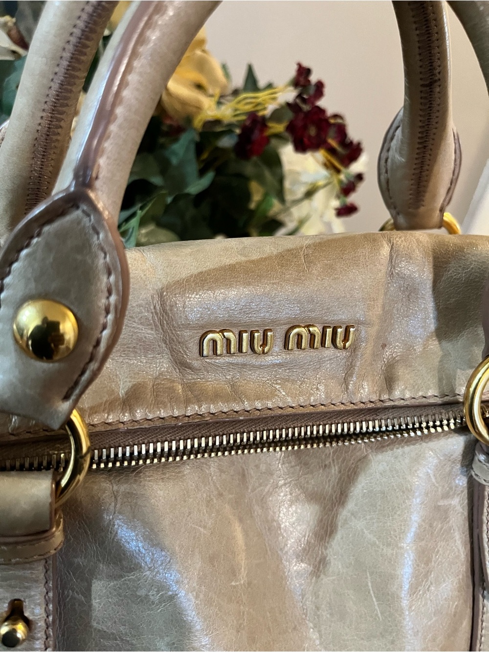 Miu Miu Metallic Beige Leather Satchel with Gold Hardware - Picture 5 of 11